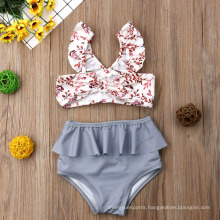 Kids Girl High Waist Leopard Floral Swimming Bikini Costume Swimwear Ruffles Bandage Swimsuit Beachwear
